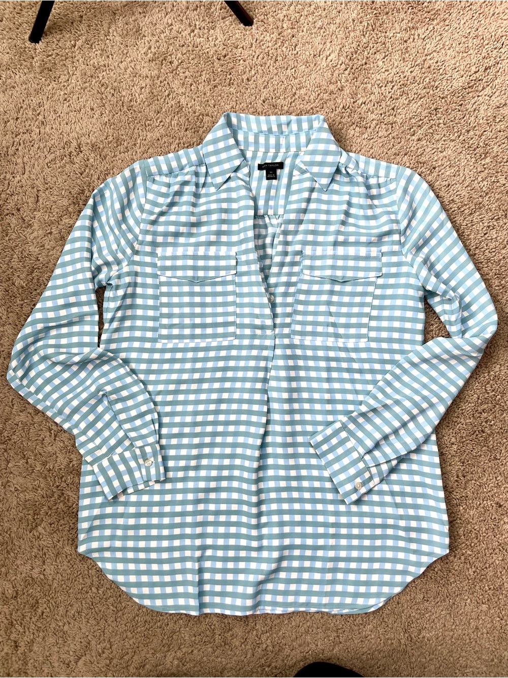 Ann‎ Taylor Blue and Sage Green Gingham Collared Pullover Blouse